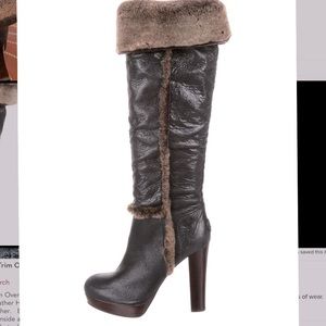 Tory Burch Fur Knee High Boots Ash Brown Sz 10M